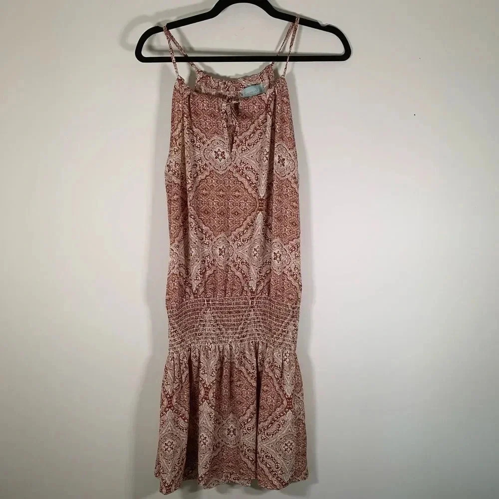 Veronica M. Dress Women’s Small Tan & White Sleeveless Smocked Waist